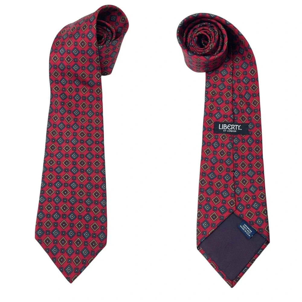 Vintage‎ Liberty Of London 100% Silk Tie Deep Red Geometric Diamonds Classic